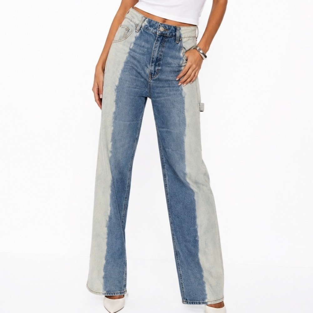 PacSun 90s‎ BF Carpenter Jeans Blue White Bleached Two Tone High Rise Size 24